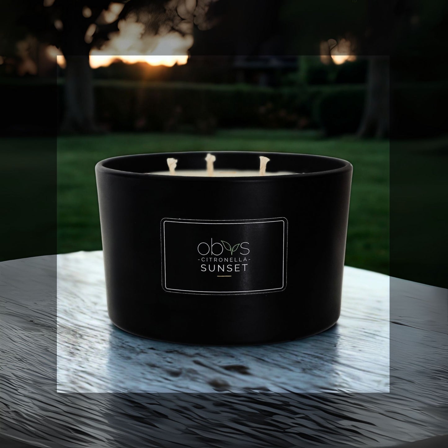Citronella Sunset Candle – 24 oz natural coconut & rapeseed wax, 3 wicks, long burn, subtle citrus aroma & safe insect repellent.