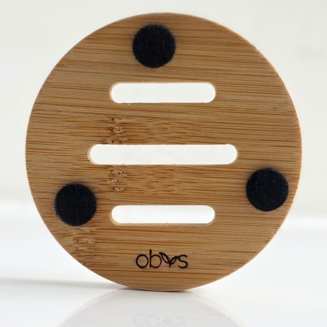 Minimalist 8cm x 8cm wooden soap dish with engraved Obvs logo, designed to hold an Obvs soap bar.