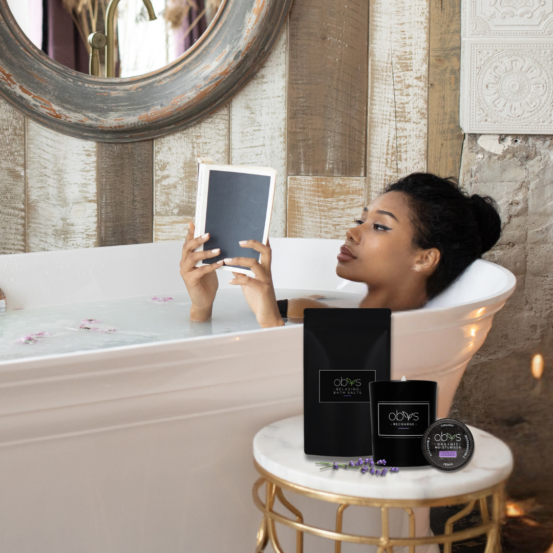 Unwind with our Relaxing Luxury Gift Set: Recharge Candle, Lavender Bath Salts, and Evening Lavender Moisturiser. Organic, soothing, and eco-friendly!
