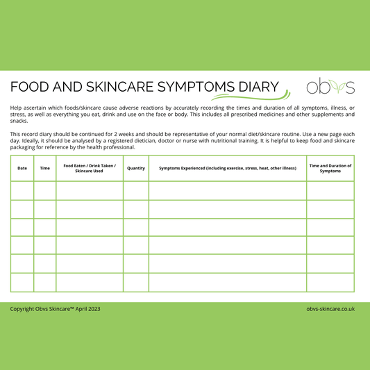 Free Food and Skincare Allergy Diary - Obvs Skincare
