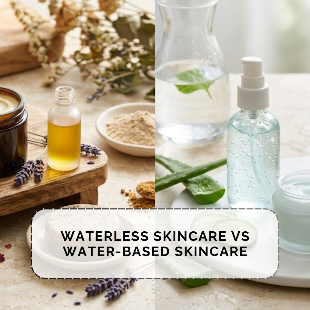 Close-up of natural oil-based skincare balm in glass jar beside laboratory beakers, representing the science behind waterless vs water-based skincare formulations.