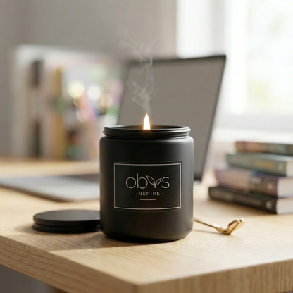 Black candle in a jar labeled 'inspire' on a wooden surface with a blurred background