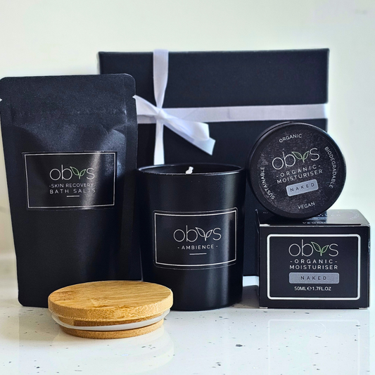 The Ambience Luxury Gift Set: Unscented candle, Skin Recovery bath salts, and Organic Naked Moisturiser. Perfect for sensitive skin and allergy-friendly care.