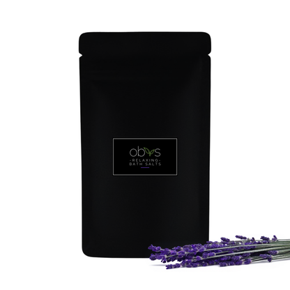 Obvs Skincare Relaxing Bath Salts with lavender essential oil, Dead Sea salt and organic oats, designed for calming evening baths and better sleep