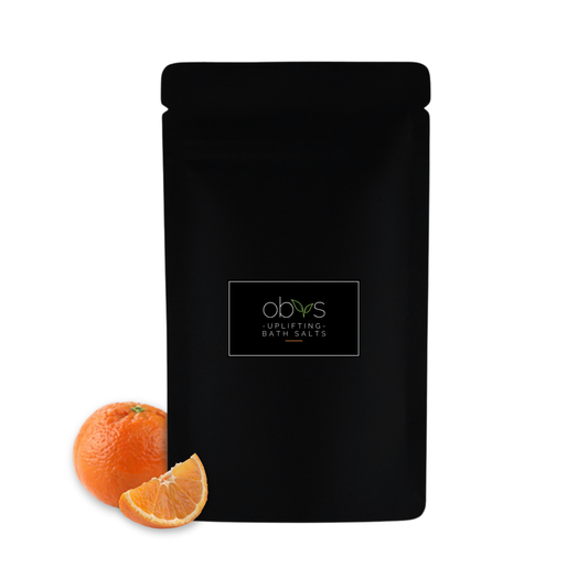 Obvs Skincare Uplifting Bath Salts with mandarin essential oil, Dead Sea salt and organic oats, created to refresh the skin and boost mood.