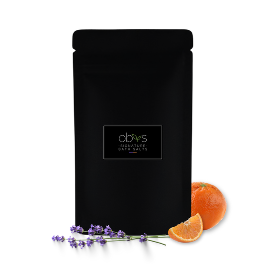 Obvs Skincare Signature Scent Bath Salts with lavender and mandarin essential oils, mineral-rich Dead Sea salt and organic botanicals for a luxurious, comforting soak