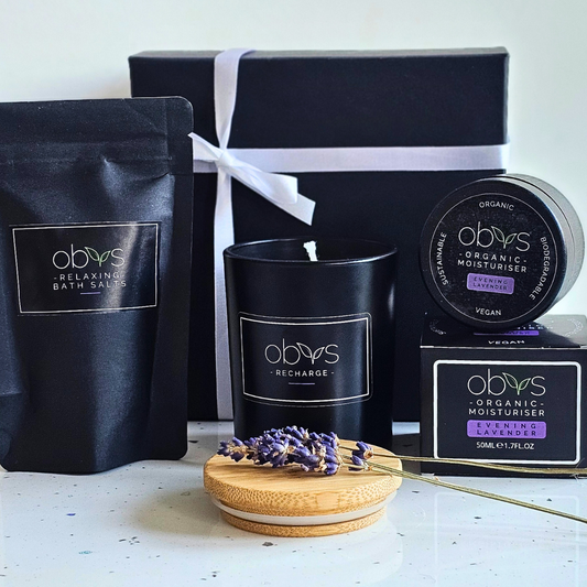 Unwind with our Relaxing Luxury Gift Set: Recharge Candle, Lavender Bath Salts, and Evening Lavender Moisturiser. Organic, soothing, and eco-friendly!