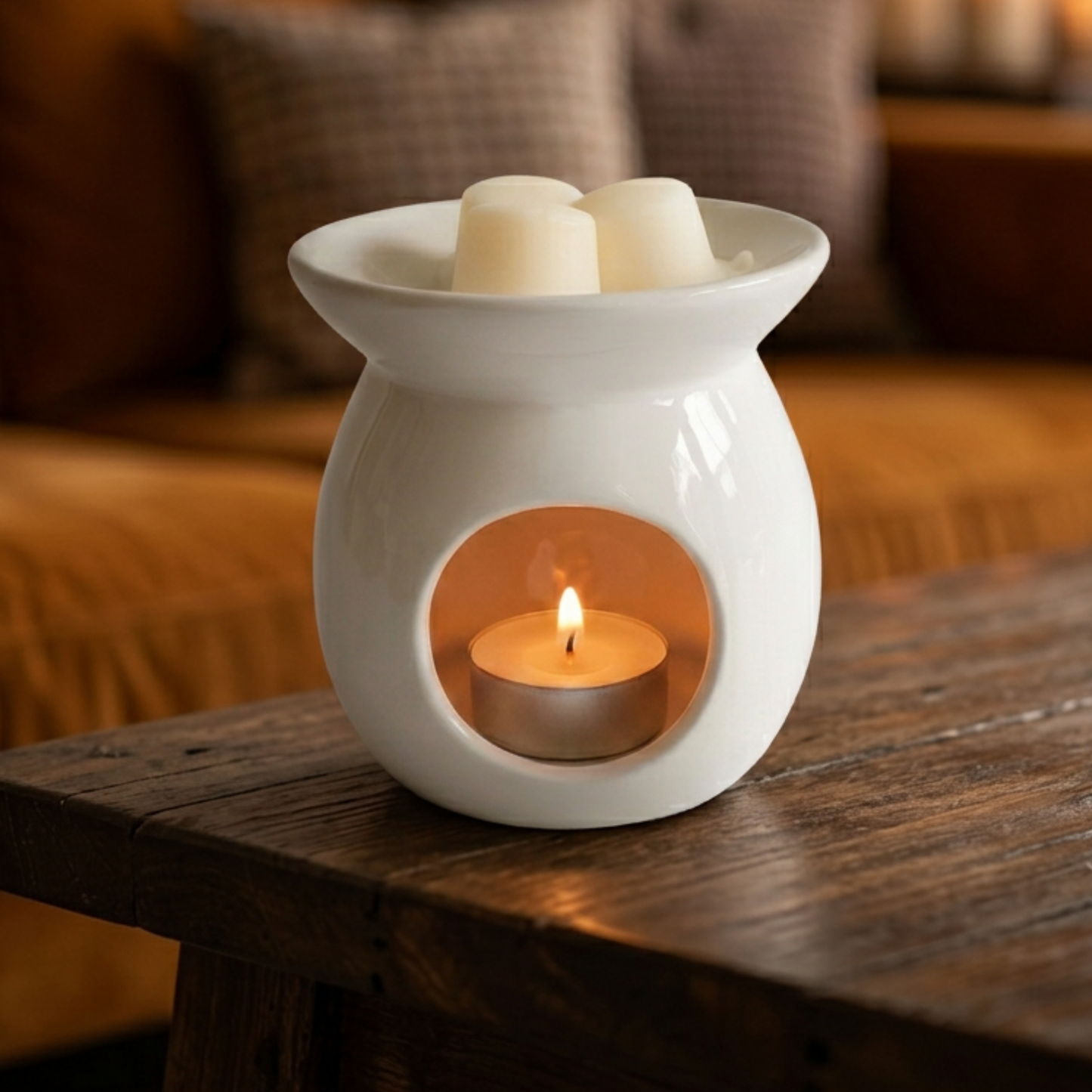 White ceramic wax warmer with a lit candle on a wooden surface