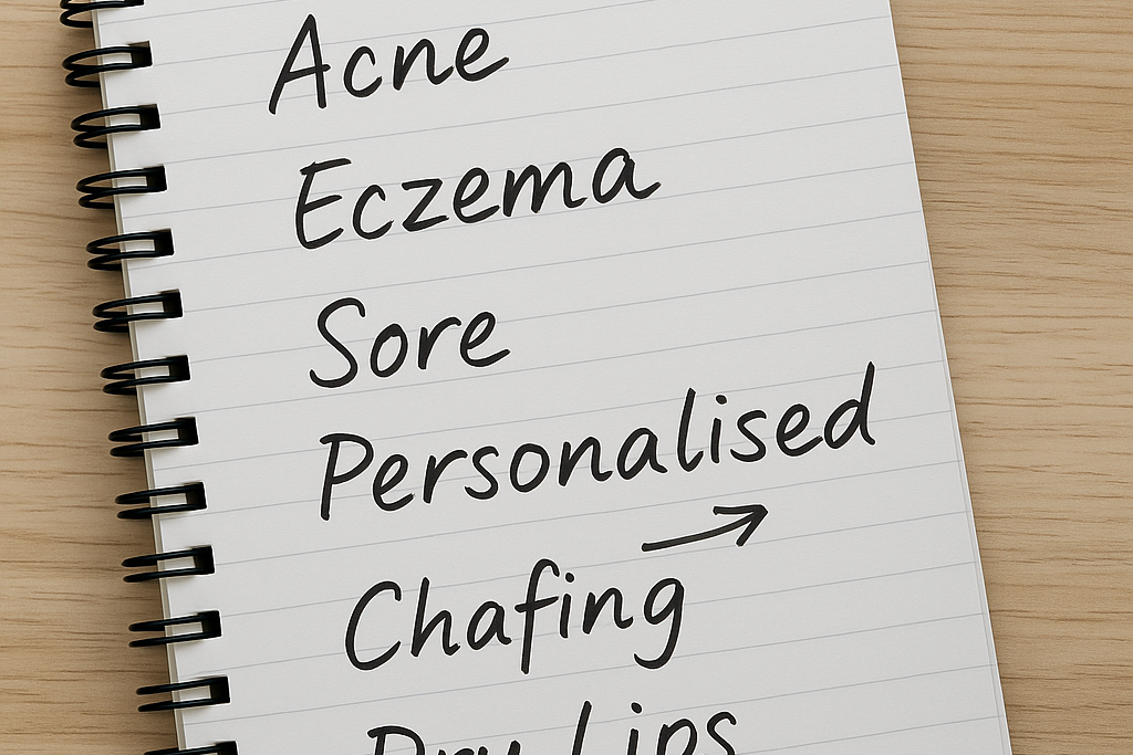 ive me an image of a note pad with handwritten notes like acne and eczema and sore and personalised, in landscape format