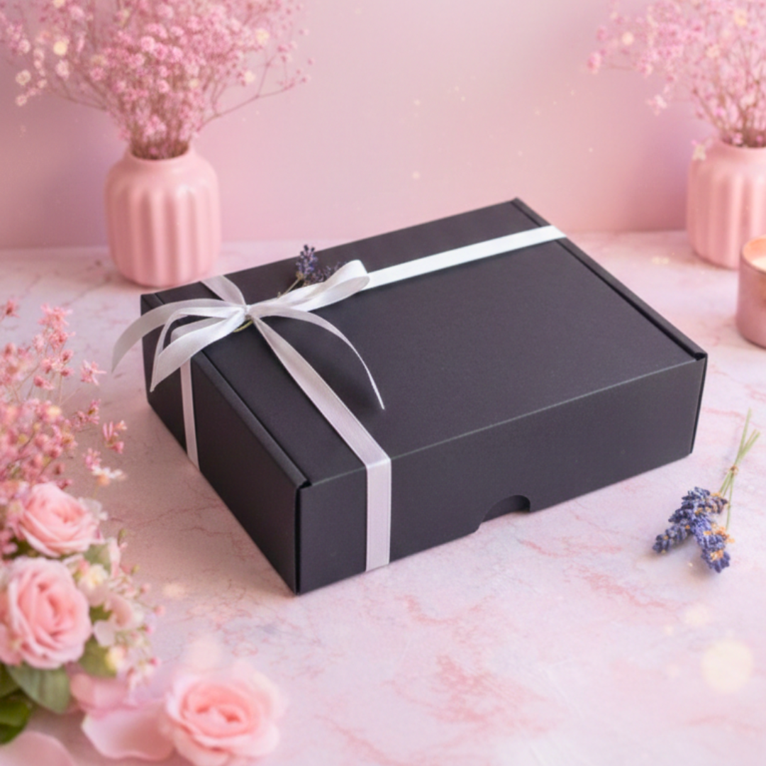 Limited edition Appreciation Box featuring natural skincare Mother’s Day gift set with relax bath salts, evening lavender moisturiser and Himalayan rose soap, presented in a ribboned gift box with dried lavender.
