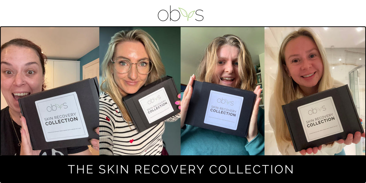 A four-panel collage showing women holding black Obys branded boxes labeled 'Skin Recovery Collection' in different indoor settings, with the Obys logo at the top and the text 'THE SKIN RECOVERY COLLECTION' on a black banner at the bottom.
