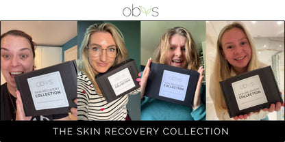 A four-panel collage showing women holding black Obys branded boxes labeled 'Skin Recovery Collection' in different indoor settings, with the Obys logo at the top and the text 'THE SKIN RECOVERY COLLECTION' on a black banner at the bottom.