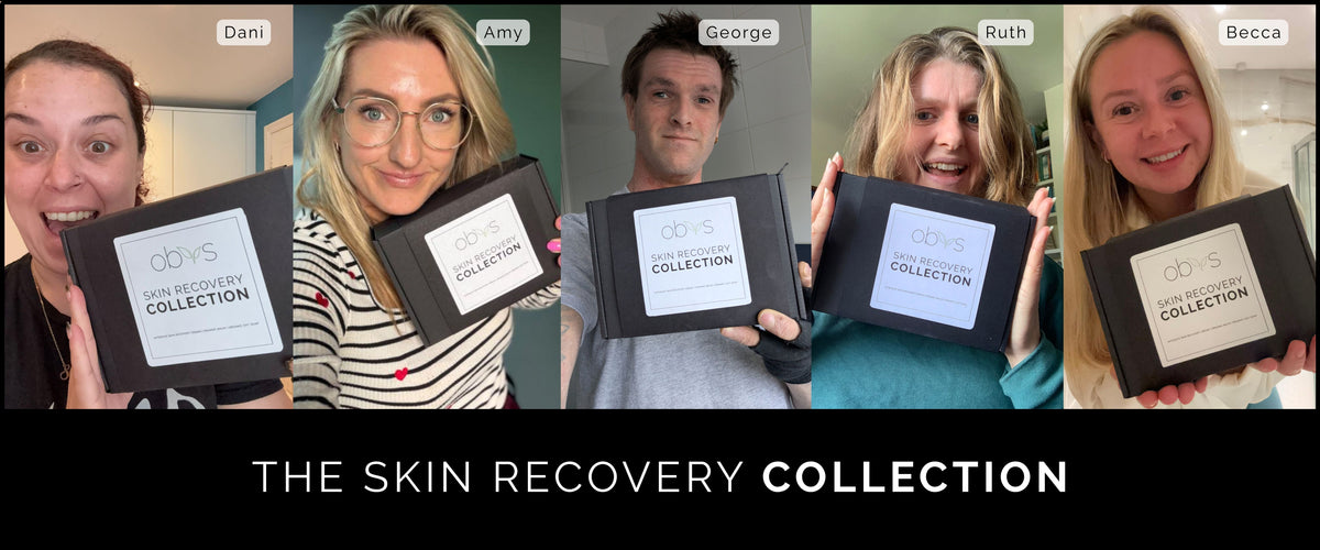A promotional banner featuring five women holding black square boxes labeled 'OBVSs Skin Recovery Collection' in different indoor settings, with a black bar at the bottom reading 'THE SKIN RECOVERY COLLECTION'.