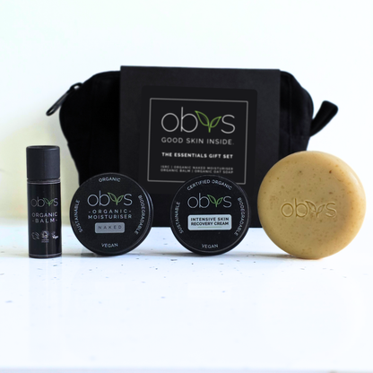 Essential Obvs Skincare Gift Set including Intensive Skin Recovery Cream, Naked Organic Moisturiser, Organic Balm, Organic Oat Soap and Organic Toiletry Bag. Natural vegan skincare for dry sensitive or acne prone skin.