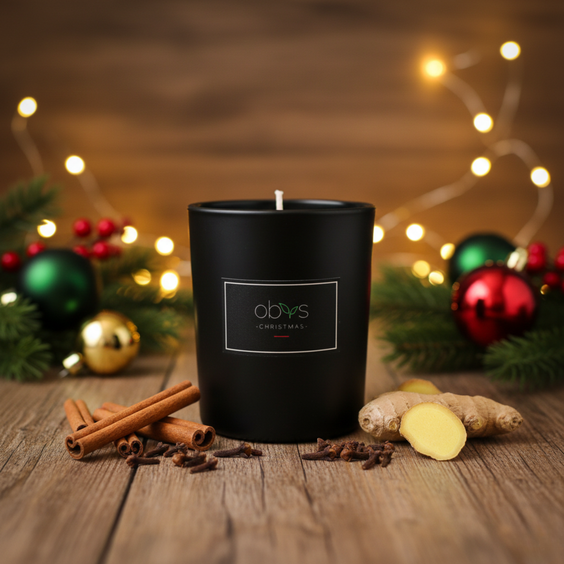 Christmas candle with cinnamon, clove and ginger essential oils in a glass jar, hand-poured with coconut and rapeseed wax, cosy festive scent by Obvs Skincare