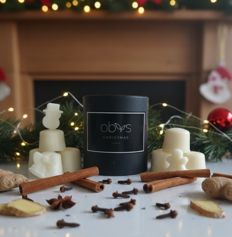 Black wax melts' branding on a table with Christmas decorations including cinnamon sticks and star anise. Hand-poured Christmas Wax Melts with cinnamon, clove & ginger essential oils. Warm, spicy, calming scent in clean coconut & rapeseed wax.