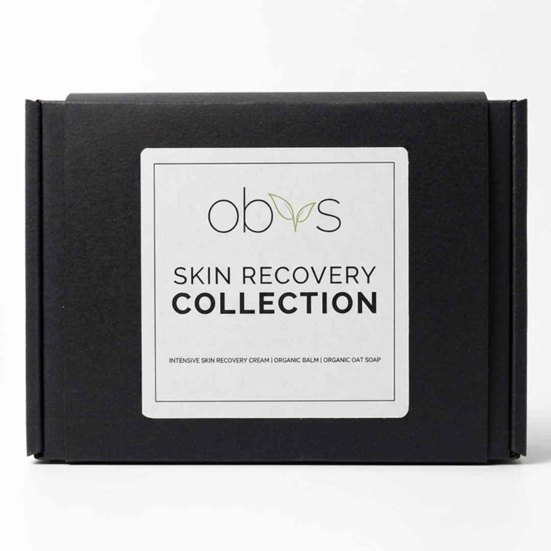 A black rectangular product box with a white front label reading 'obys SKIN RECOVERY COLLECTION' on a clean white background.